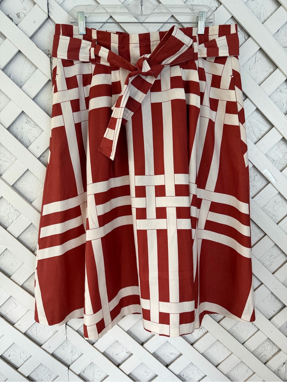 Ann Taylor sz 14 rust orange white tie waist basket weave linen blend midi skirt